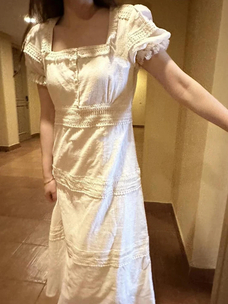 Ele Long Dr pour femmes avec Bubble Sves dentelle épissage gland Design Vintage col carré fée jupe coréenne Sle