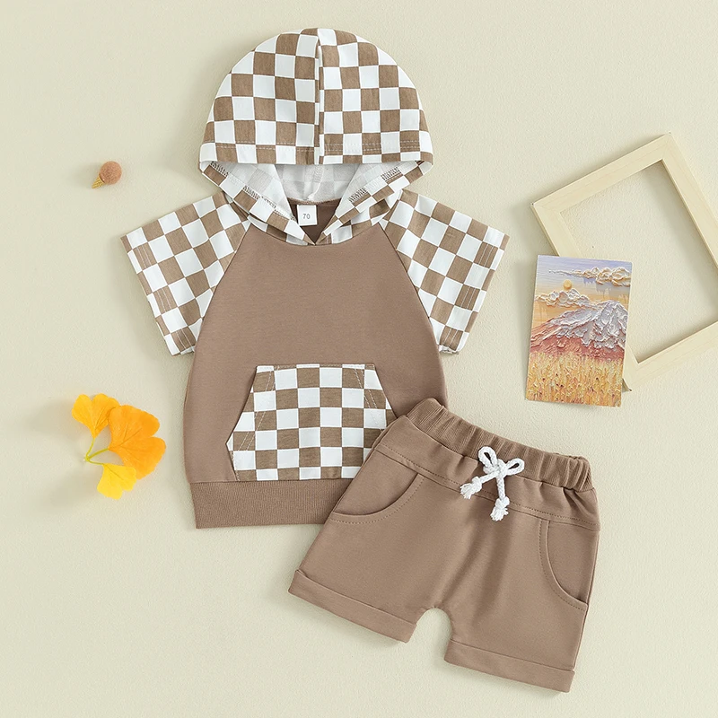 

2pcs Toddler Boys Clothes Summer Shorts Sets Short Sleeve Checkerboard Print Hooded Tops and Shorts Casual Sets