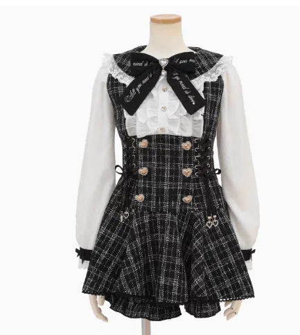 Japanese Style Lolita Sets 2023 Fall New Mine Mass-Produced Short Sleeve Mid-length Shirt and Plaid Tweed Shorts Two-Piece Suit