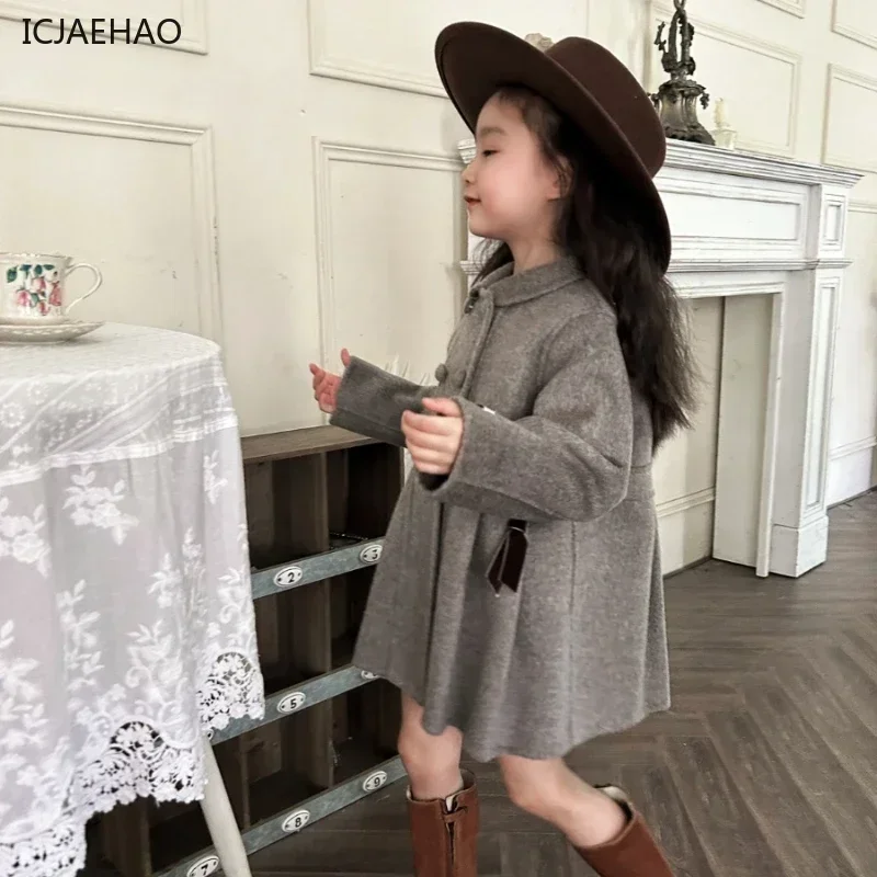 2025 Children's Outdoor Coat Vintage 100% Wool Winter Handmade Kids Girl's Double Cashmere Grey Brown Pleated Outerwear Jackets