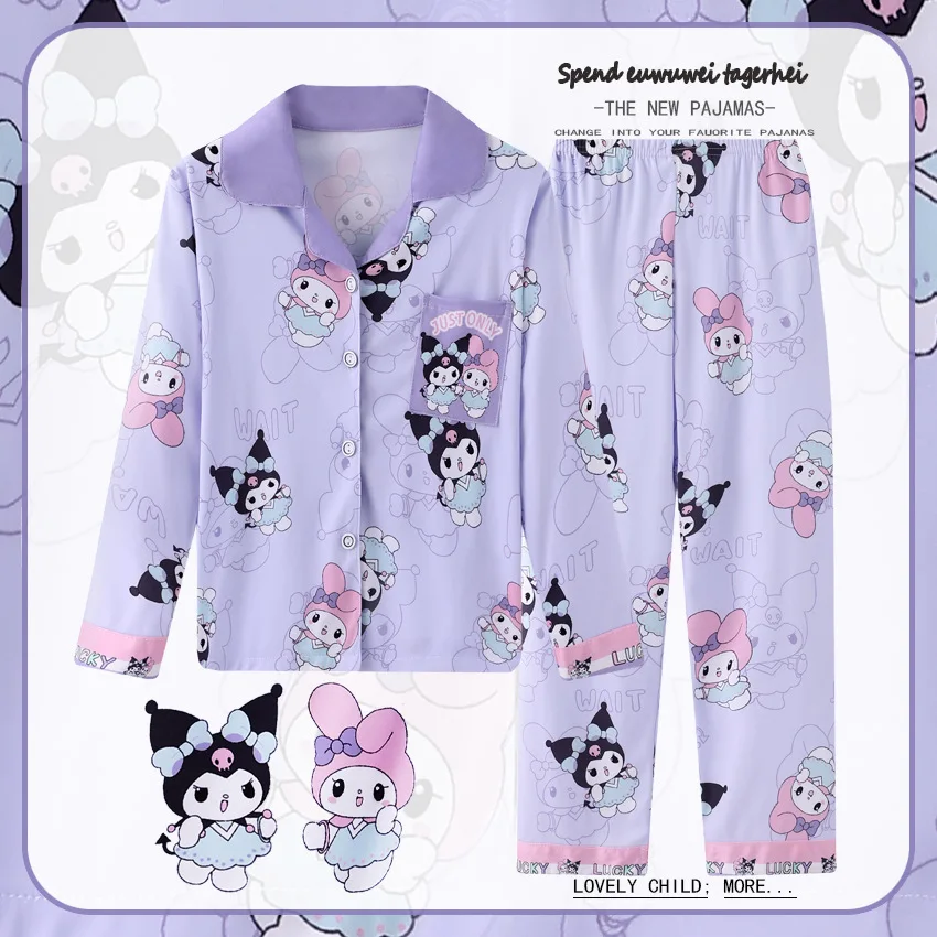 Kawaii Sanrio Cinnamoroll Kids Long Sleeve Y2K Pajamas My Melody Kuromi Cartoon Anime Thin Cardigan Cotton Casual Sleepwear Set