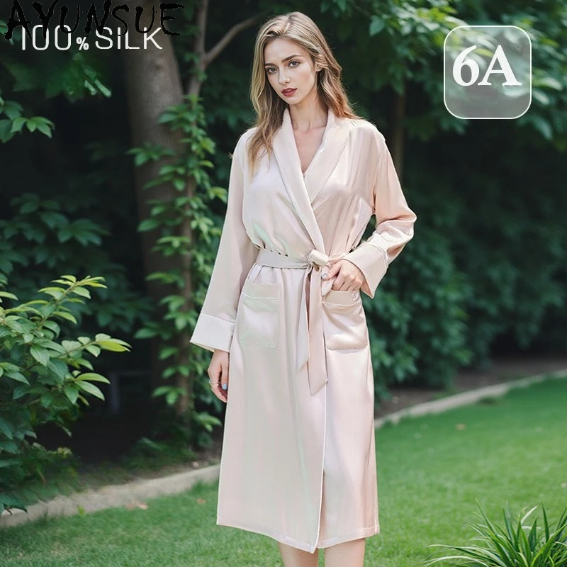AYUNSUE 100% Mulberry Silk Robes for Women 19MM Silk 2026 Spring Summer Sleepwear Bathrobes Pijama Feminino Пижама Женская 잠옷