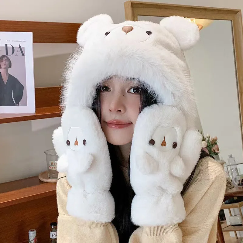 New plush bear hat women's winter windproof and warm ear protection hat gloves two-piece set