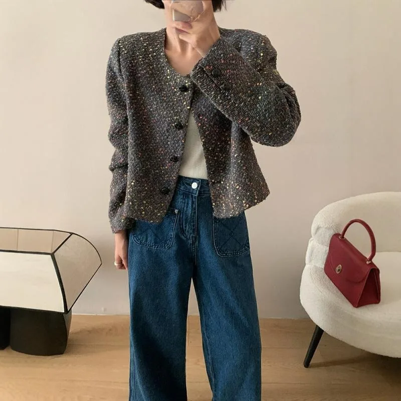 

Красочное женское осеннее пальто в стиле ретро. Высококачественный свободный зарубежный универсальный короткий твидовый топ.