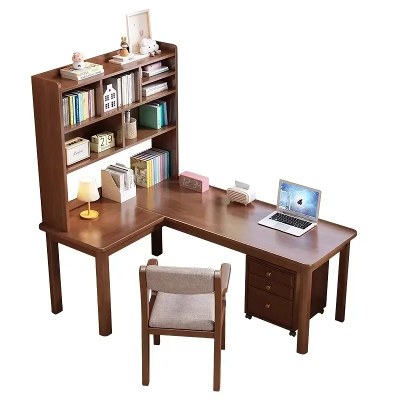 

Solid wood corner bookshelf integrated desk L-shaped computer and chair student writing desk office modern and simple