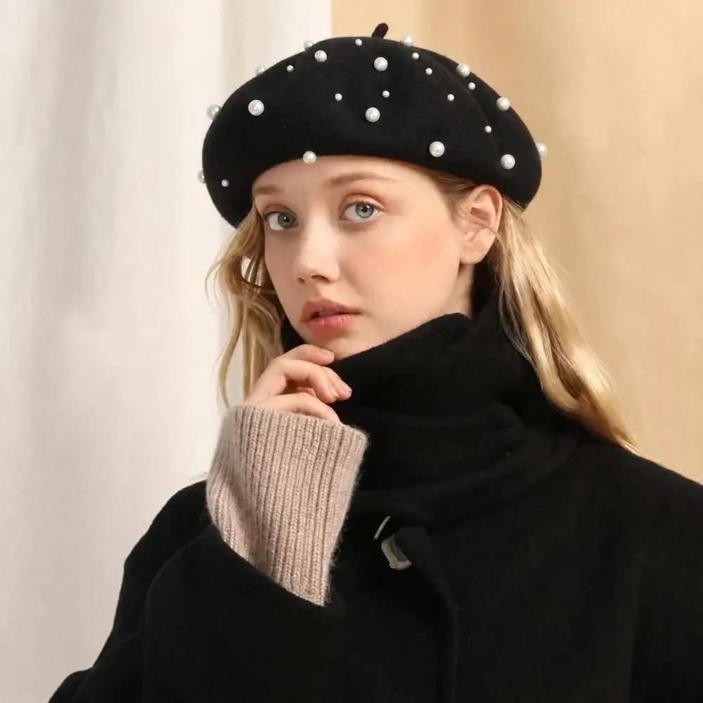 Fashion Warm Winter Wool Berets Hat Pearl Retro Plain Cap All Matched Elegant French Artist Hat for Women