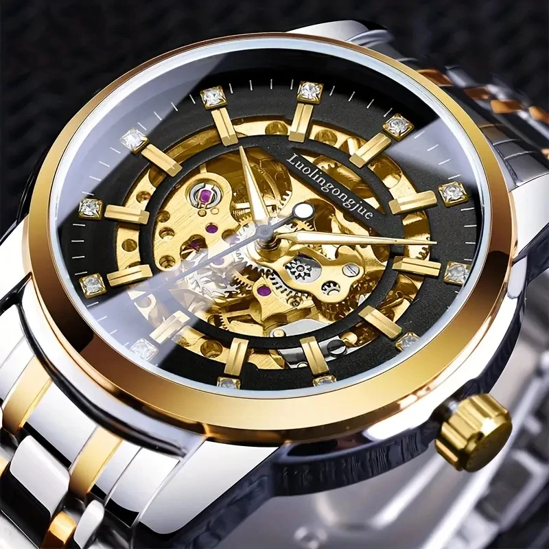 [Luxury Mechanical Watch] Luxury Men's Automatic Mechanical Watch | Elegant Business Gentleman Style, with Diamond Embellishments, Hollow Design, Alloy Case and Strap, Automatic Winding, No Batteries Needed - Perfect for Fashionable Casual Wear, Men's Watch.