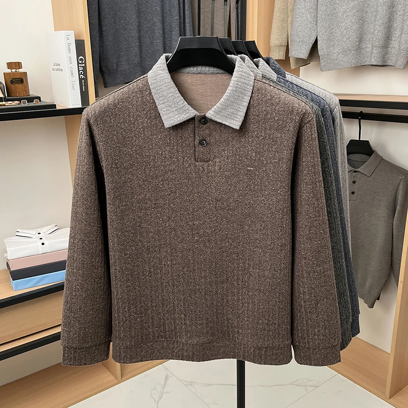 Hochwertiges Herren-Poloshirt mit Print, Herbst-Neuheit, Komfortables Langarm-Shirt mit Kragen, Einfarbiges T-Shirt, Modische Business-Herrenbekleidung – Detail 4
