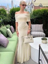 JULISSA MO Sexy Off Shoulder Mesh Maxi Dress For Women Apricot See Through Ruched Dress Spring Slim Elegant Party Evening Dress