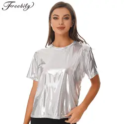 Women Shiny Metallic Silver Short Sleeve T-shirt Sexy Round Neck Glossy Solid Color Tops for Dance Party Rave Festival Clubwear