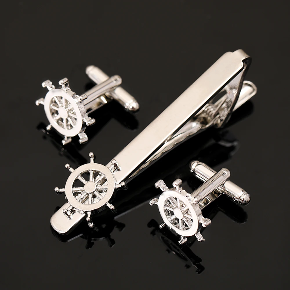Funny Rudder Shaped Cufflinks&Tie Clip Set Classic Ship Steering Wheel Design Jewelry Freeshipping