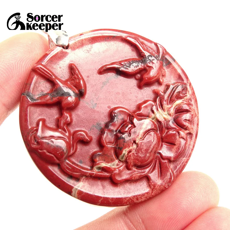 Hand-carved Peony Natural Red jasper Stone Pendant Beads For Women  Sweater Chain Necklace Bloodstone Collar Jewelry BG535