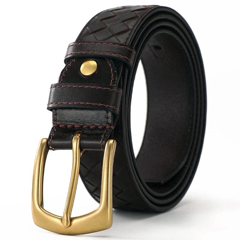 Men's Leather Jeans Belt with Stitch Design and Pin Buckle Fashion Leather Belts for Men Width:3.3cm Length:110-125cm