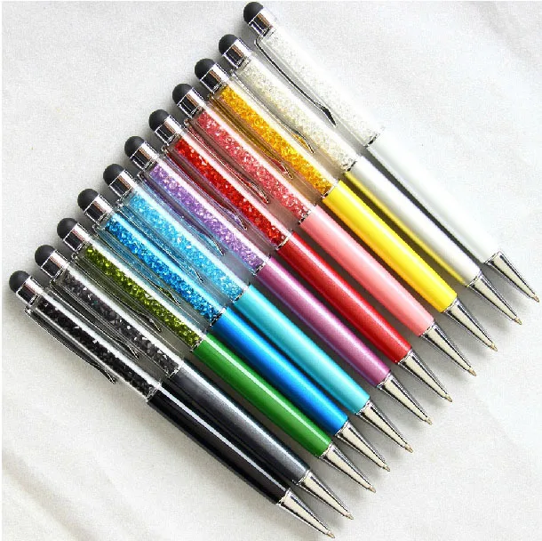 Wholesale 100pcs/Lot Bling 2 in 1 Colorful Crystal Capacitive Touch Stylus Ball Point Pen For iPad iPhone Samsung