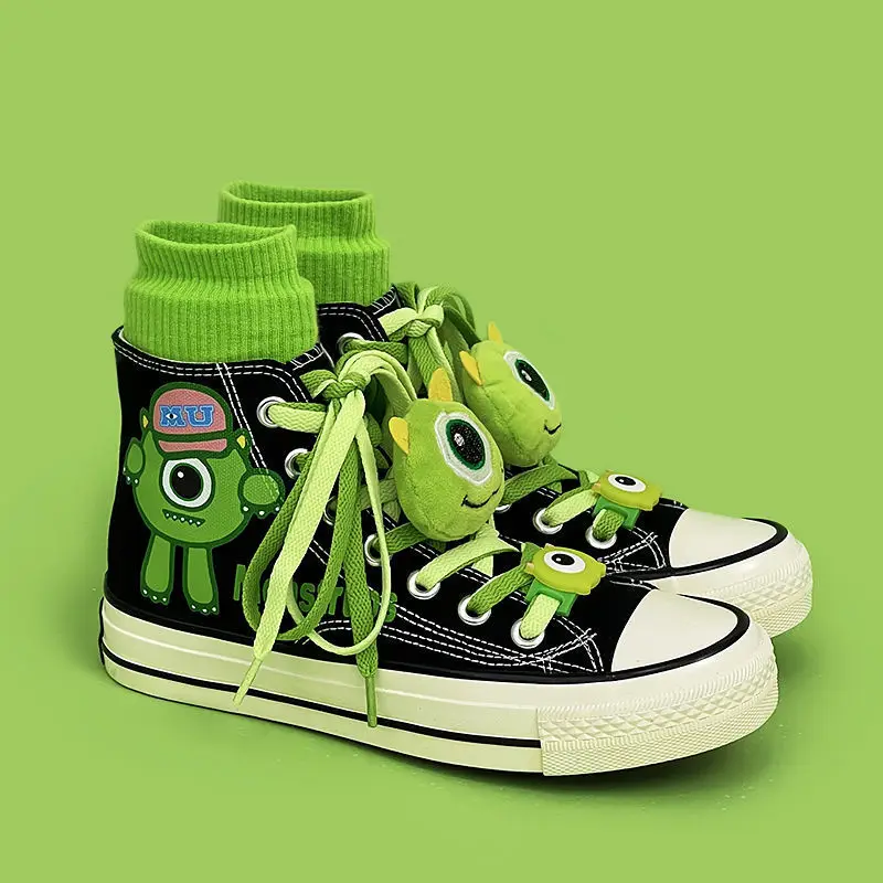 Disney Monsters University Mr.Q Mike High Canvas Shoes Fashion Casual Cute Graffiti Pattern Cartoon Boys Girls Shoes + Dolls