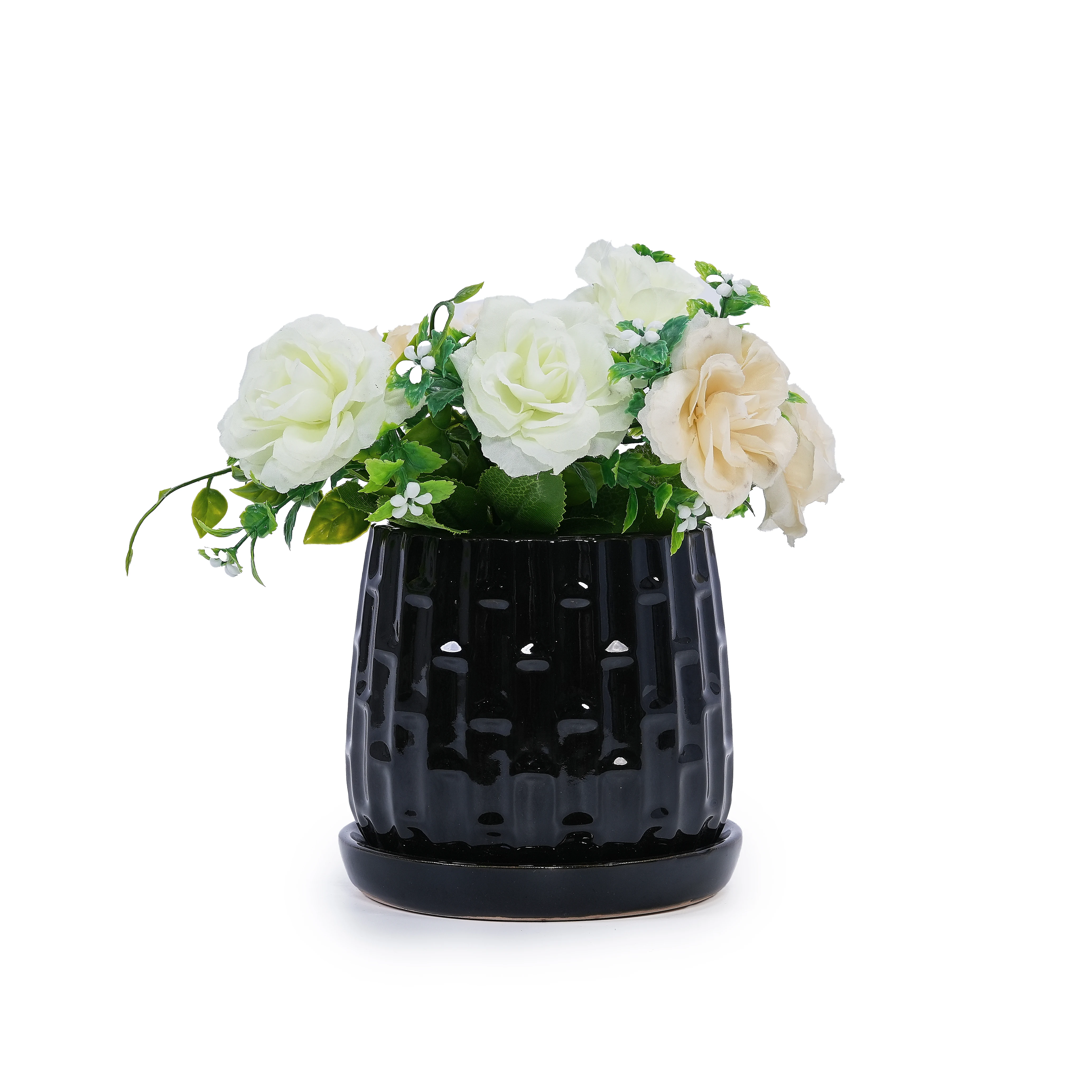 

2-Piece Ceramic Flower Pot 7 Inch Modern Design Glazed Finish - Durable, Suitable for Patio Gardens and Windowsills, Black