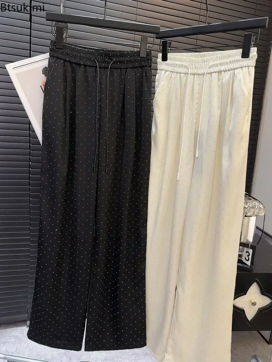 2025 Pantalones de pierna ancha de lujo de alta calidad con diamantes de imitación, nuevos pantalones rectos de cintura alta con cordón, pantalones