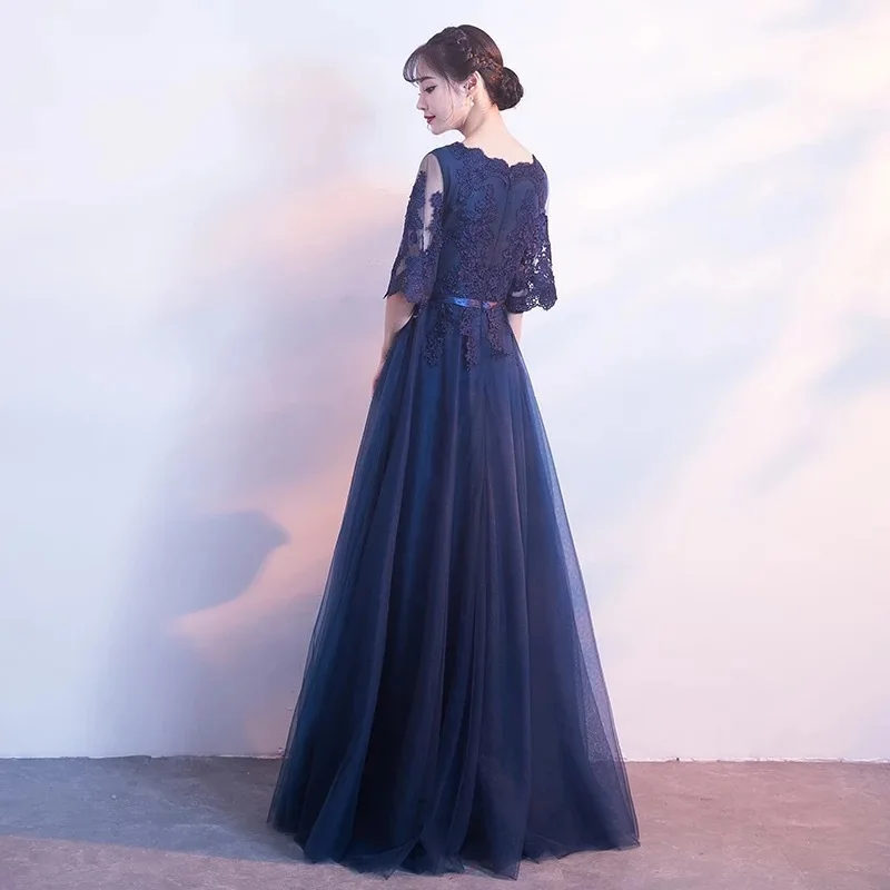 فساتين سهرة بحرية برقبة دائرية نصف كم مزينة بالدانتيل على شكل حرف A فساتين لحضور الحفلات الموسيقية عتيقة فستان سهرة رسمي طويل مخصص