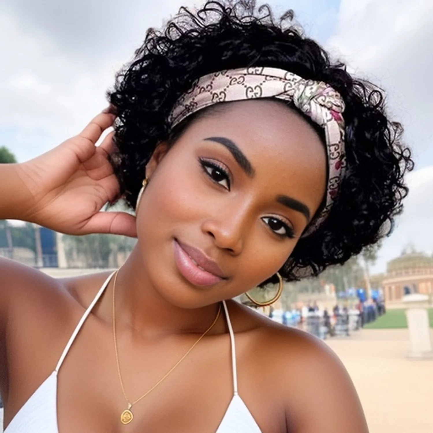 짧은 곱슬 픽시컷 헤어밴드 가발 워터 웨이브 레미 인모 풀 머신 메이드 가발