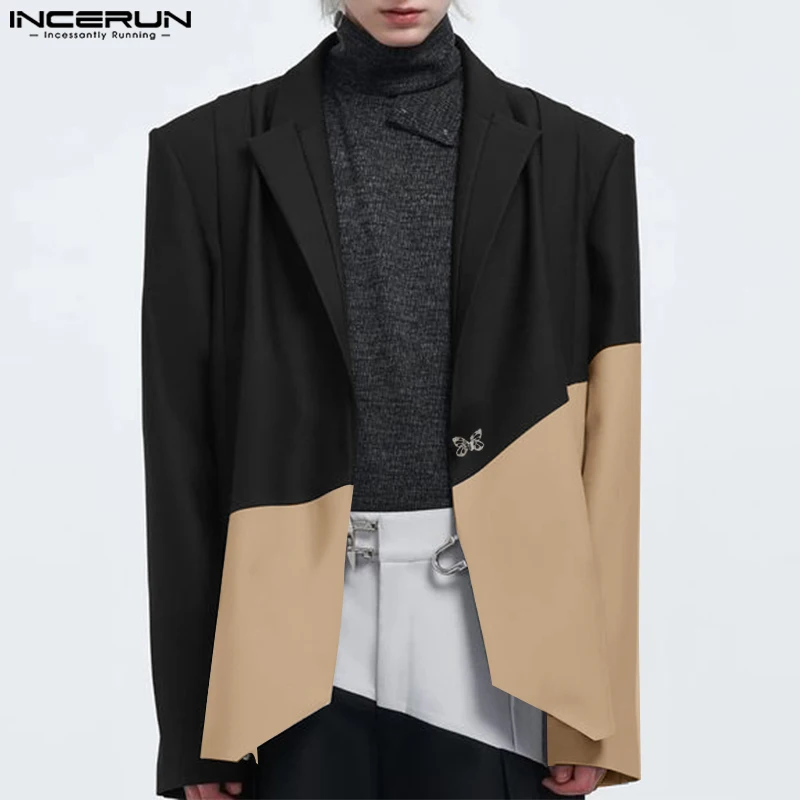 2026 Men Blazer Casual Color-block Elegant Lapel Collar Coats INCERUN Men Long Sleeve Simple Handsome Fashion Loose Men's Suit