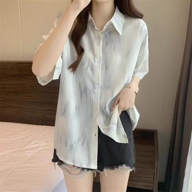 

2025 Summer Women's Chiffon Shirts Print Short Sleeve Polo-neck Blouse Casual Loose Ladies Daily Tops Korean Fashion Clothes
