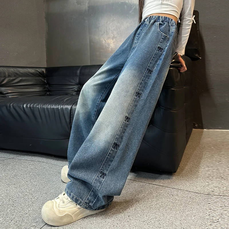 2025 Autumn Kids Children Fashion Straight Jeans with Bows on the Side for Teenage Girls Casual Vintage Blue Denim Pants 5-14 Y