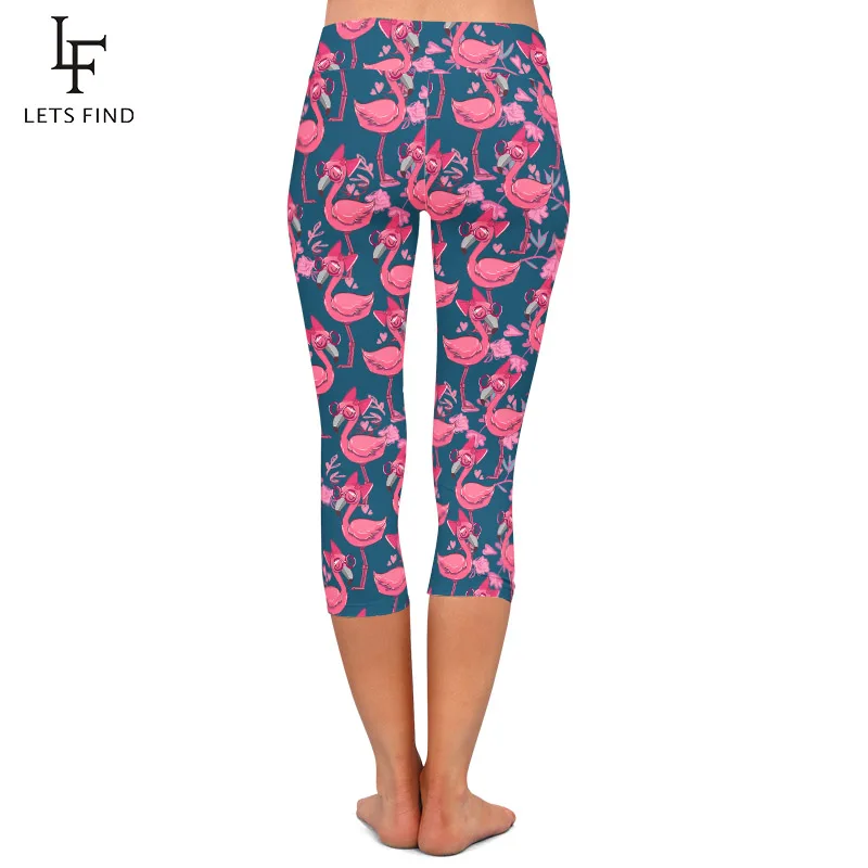 LETSFIND Legging Kapri Wanita Cetak Flamingo Merah Muda Lucu Gambar Tangan 3D Baru Musim Panas Legging Fitness Pinggang Tinggi Lembut