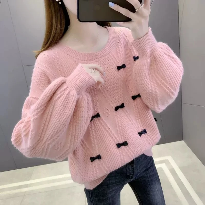 Matakawa Sweet Bows Woman Sweaters Autumn Winter Preppy Style Warm Pullovers Korean Fashion Versatile Thick Sueter Mujer XT54