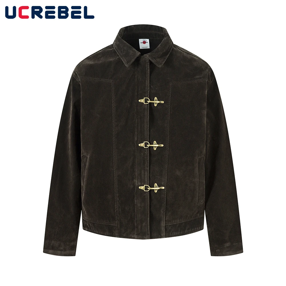 

Retro Spliced Suede Jacket Mens Button Decoration Autumn Winter Retro Lapel Long Sleeve Loose Outerwear Man
