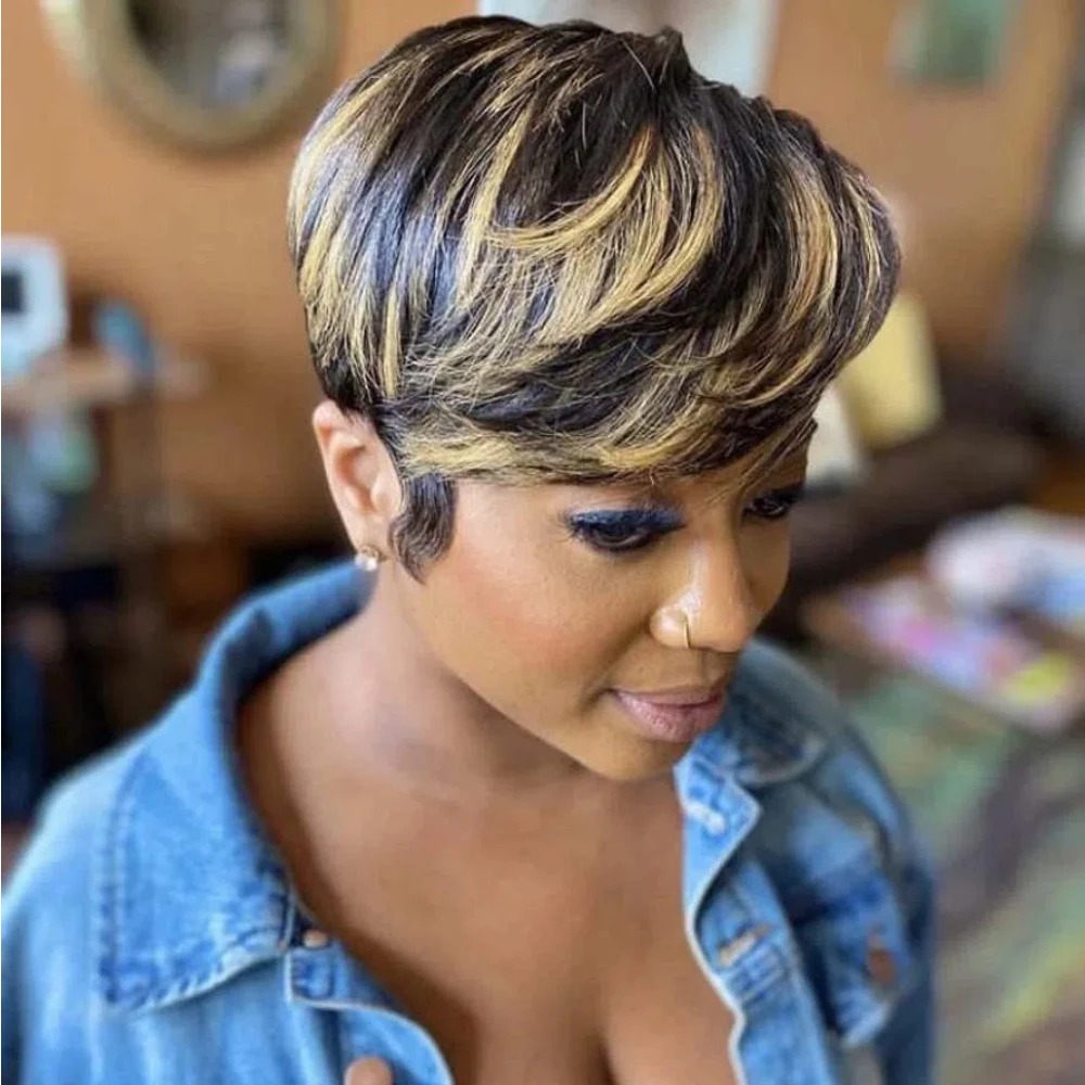 باروكة شعر قصيرة بقص عابث للنساء ذوات البشرة السمراء، لون أسود وأشقر، طبقات كاملة مصنوعة آليًا، شعر مستعار قصير مع غرة