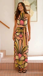 Print Halter Neck Sleeveless Long Dresses Women Fashion Off Shoulder Leace-up Belt Dress Casual Beach Vacation Style Vestidos