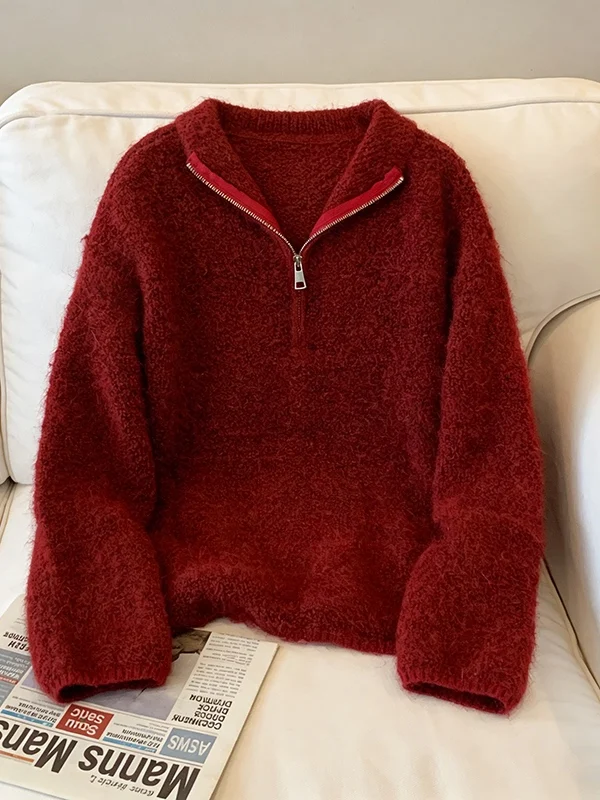 

Loose Red Knitted Sweater Long Sleeve Half Unbuttoned New Year plus Size Women's Spring Fashion Casual Comfortable Top
