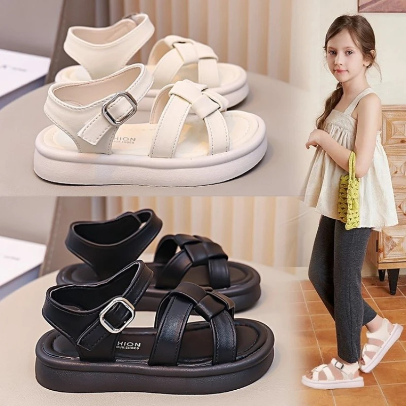 Summer Kids Open-toe Sandals Classic Braided Strap Girls Platform Sandals Non-slip Causal Children School Shoes Outdoor Beach