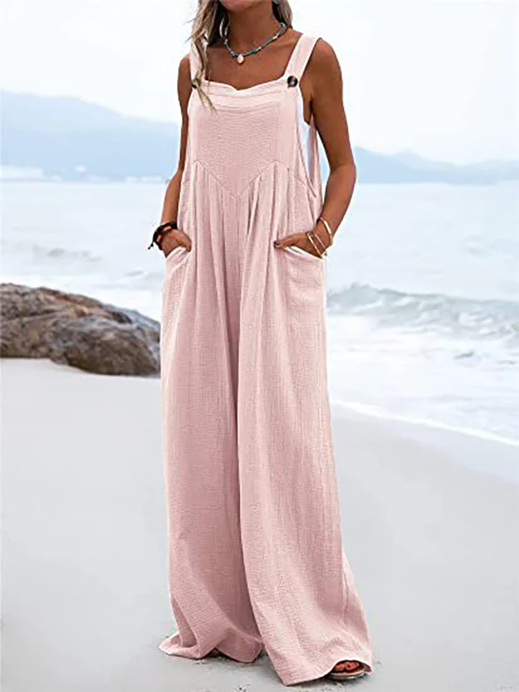 Cotton Linen Jumpsuit Women Spring Solid Elegant One Piece Wide Leg Pants Button Strap Romper Summer Holiday Beach Overalls