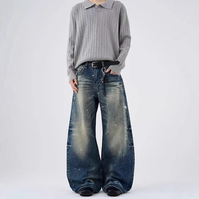 WTHT Vintage Men's Splash Ink Graffiti Wash Do Old Denim Pant Fashion American Style Wide Leg Loose Jean Male 2026 Summer 2A2992