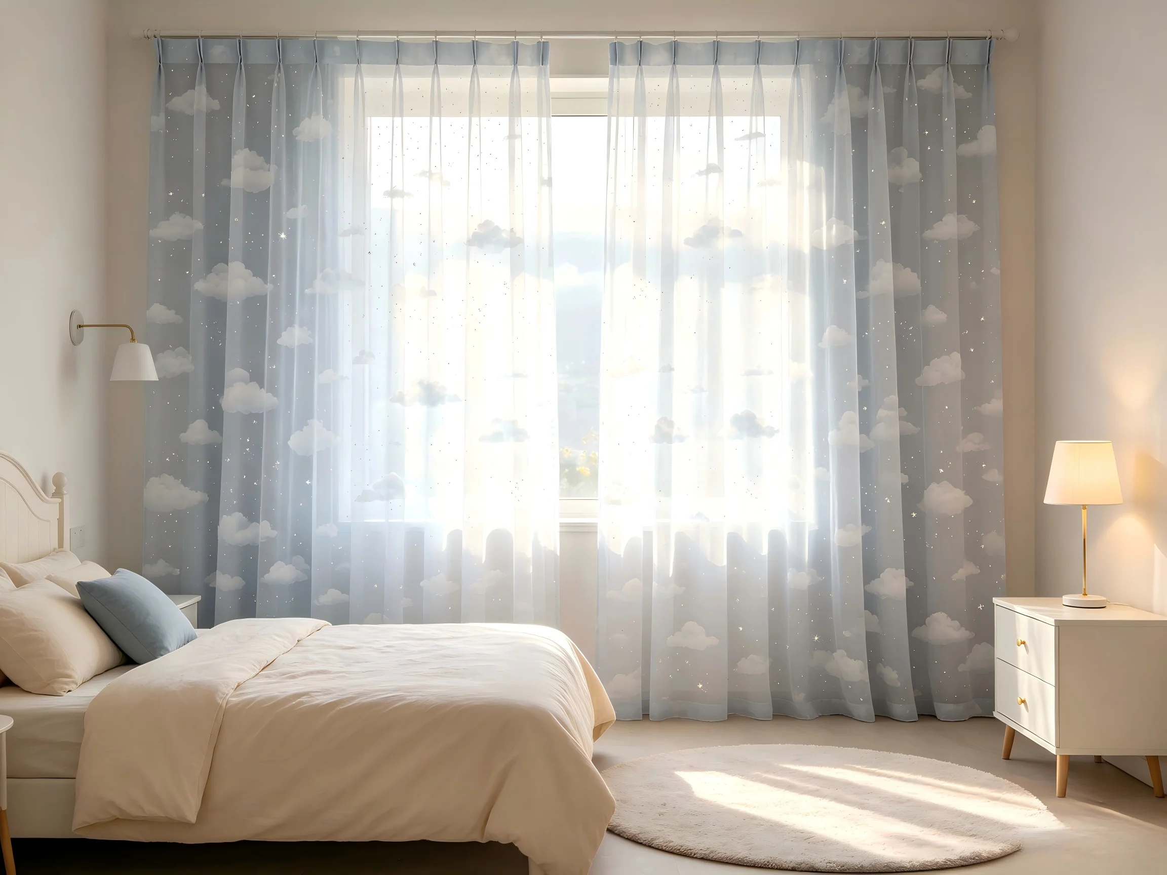 20123    Light gray blue cloud printed gauze curtain