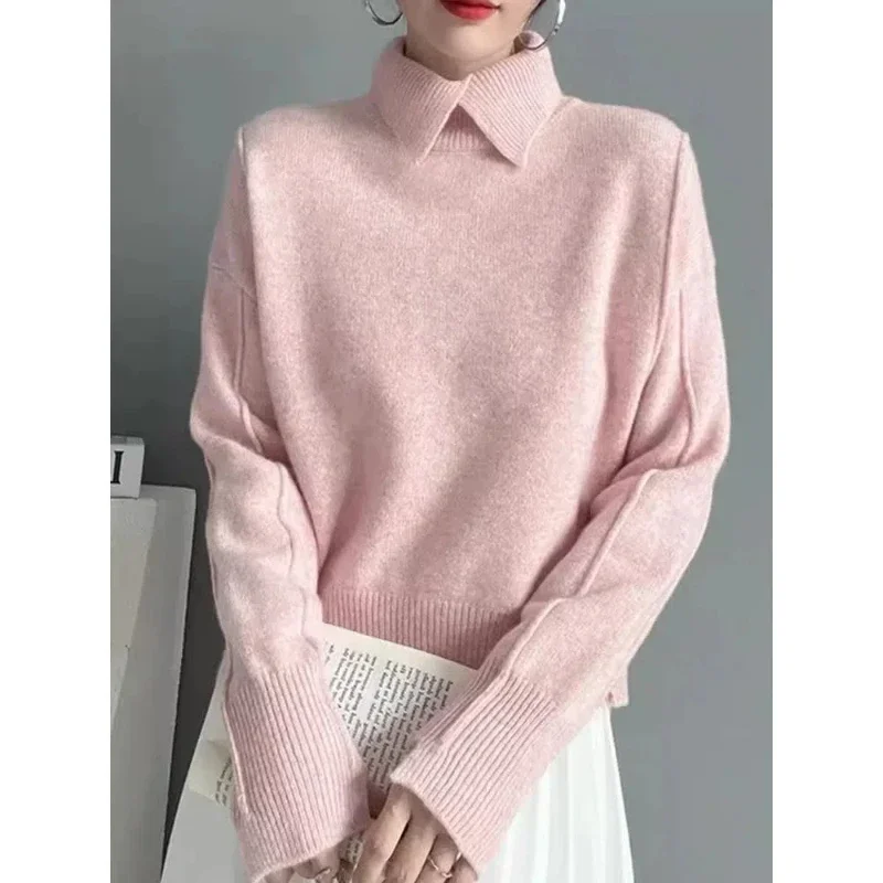 Autumn Winter New Fashion Long Sleeve Turn-down Colla Solid Sweaters Women's Clothing Loose All-match Knitting Vintage Trend Top