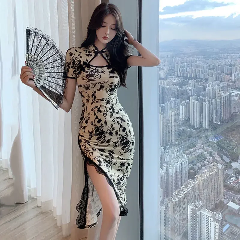 

Новинка 2024, летнее китайское платье Ципао, женское сексуальное платье Cheongsam с разрезом, летняя одежда с воротником-стойкой и цветочным принтом, Vestidos