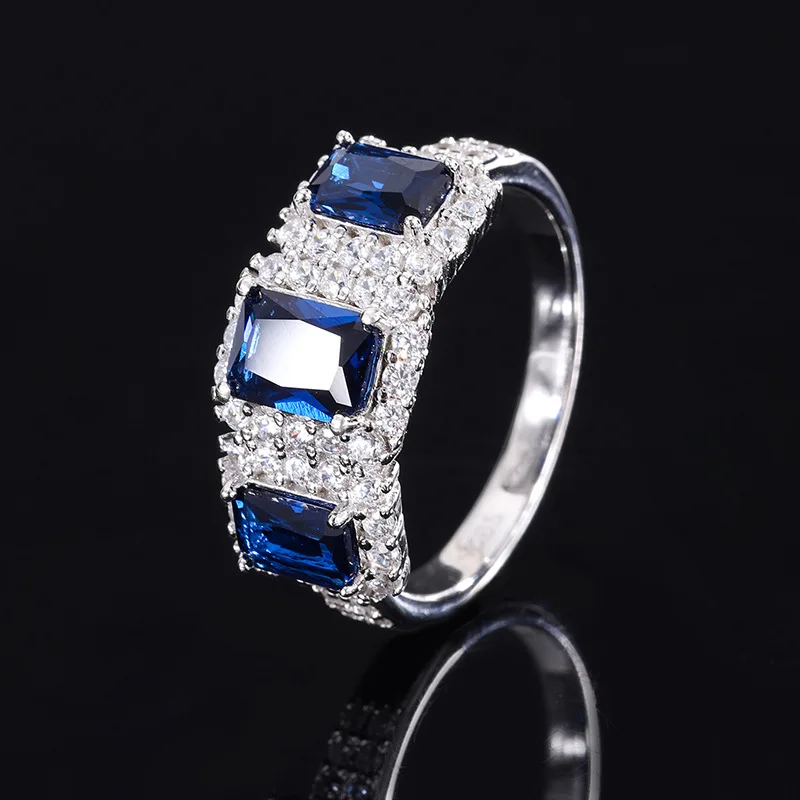 S925 Full body Silver European and American Colorful Treasure 5 * 7 Block Trend Retro Pairing Ring