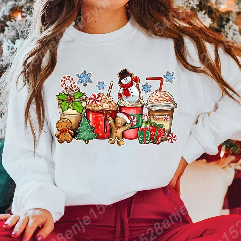 Festive Christmas Beverage Print Casual Fashion Women\'s Long Sleeve Crew Neck Sweatshirt Vintage Style Holiday Top for Ladies