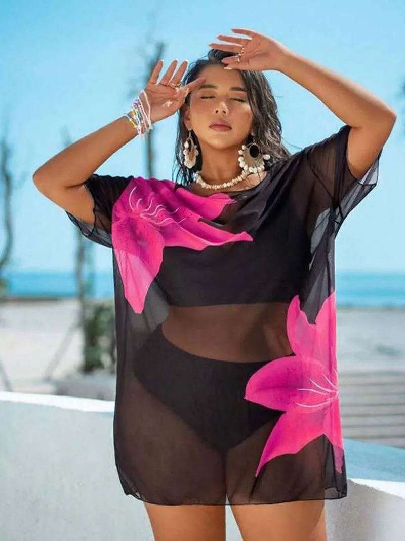 여성 꽃 프린트 수영복 빈티지 수영복 세트 비치 드레스 휴가 스타일 반팔 태양 보호 셔츠 커버 업 세트