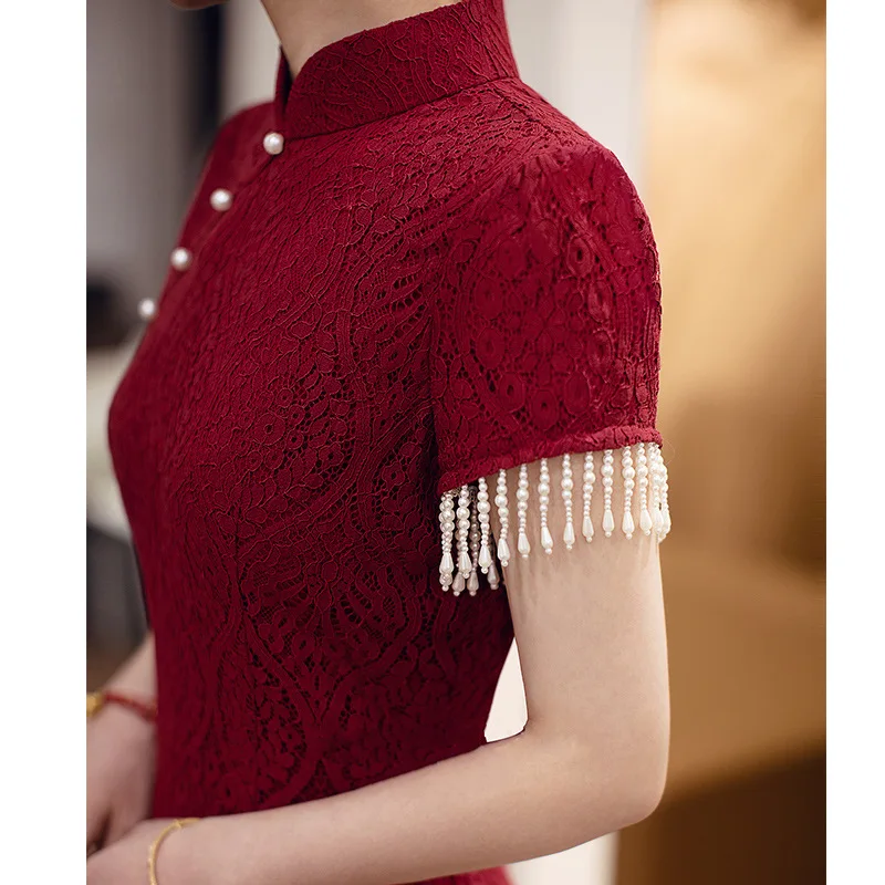 Burgundy Wedding Toast Clothes Traditional Chinese Dresses Sexy Tassel Lace Cheongsam Evening Party Gown Mandarin Collar Qipao