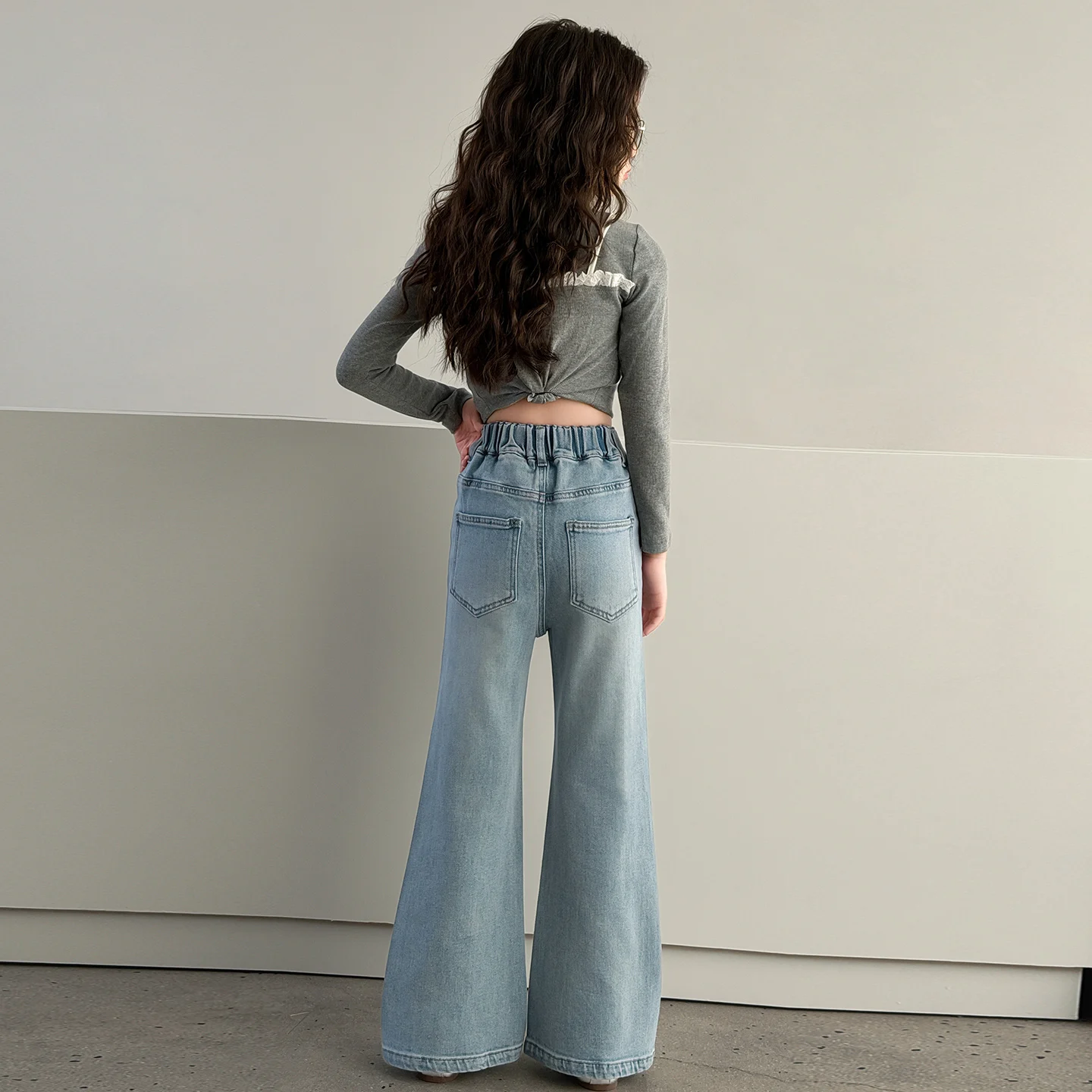 Girls Loose Wide-leg Jeans Trousers Children Bowknot Rhinestone Straight Denim Pants Spring Autumn Casual Clothing 5-14 Years