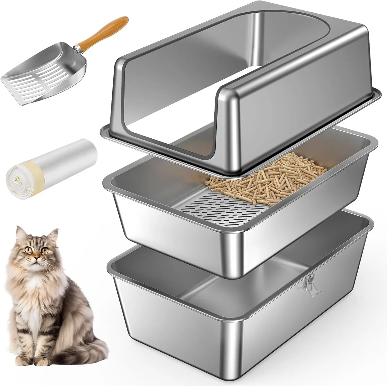 

XL Stainless Steel Sifting Litter Box with Lid, Odor Control for Pine Pellets, High Sides, Includes Liners & Scoop