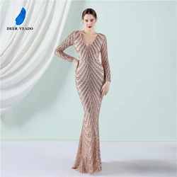 DEERVEADO Mermaid V Neck Sequins Evening Dresses for Woman Elegant Long Sleeves Special Occasion Dress Formal Party Maxi Dress