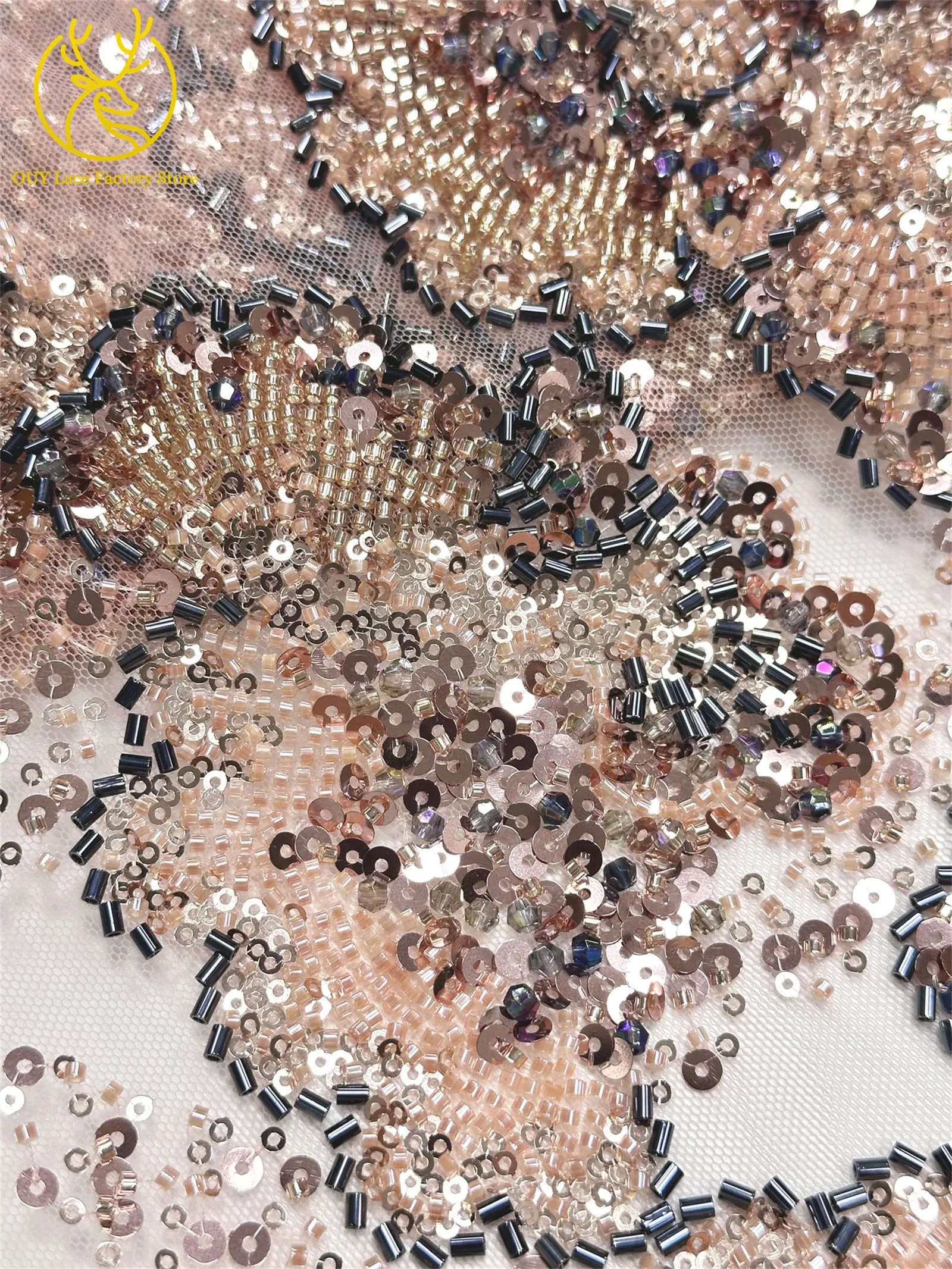 Barock-Stil, perlenbesetzter nigerianischer Tüll-Spitzenstoff 2026, hochwertige französische Pailletten-Spitze für Hochzeits- und Partykleider, zum Nähen, 5Y – Detail 17