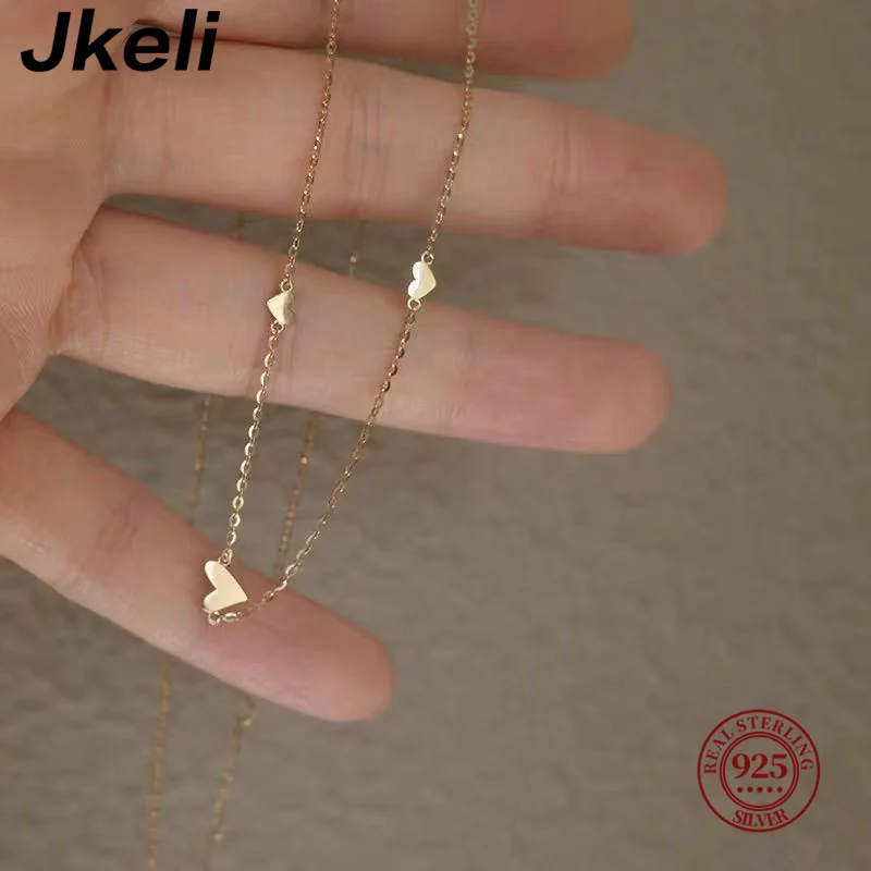 Jkeli S925 sterling silver necklace three hearts plated with 18k gold simple heart-shaped clavicle chain for women