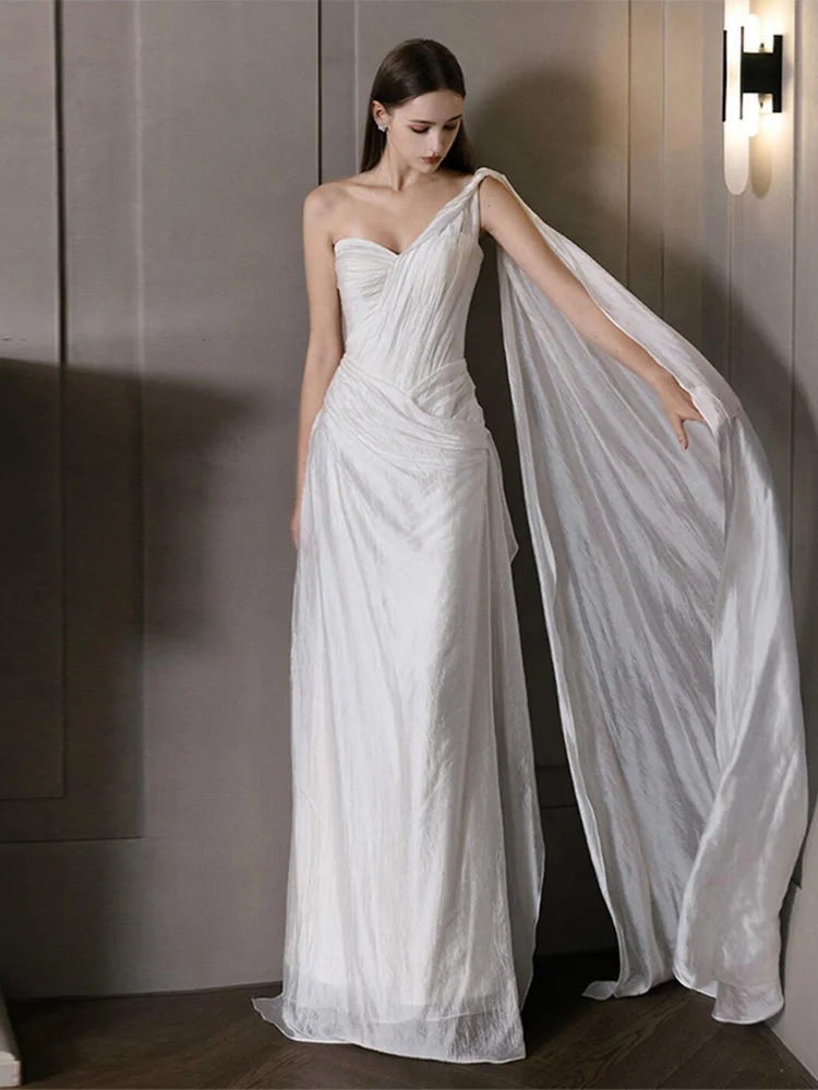 

Silk Satin Light Wedding Dr Single oulder Bridal Gown Outdoor Veil Engagement Par Dr Ele Simple Sle for Young...