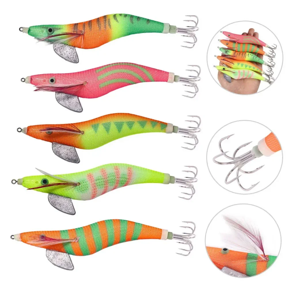 

15CM Squid Jig Egi Baits Luminous Octopus Wooden Shrimp Fishing Lure Artifical Squid Jig Cuttlefish Hook Bait with Sound Beads