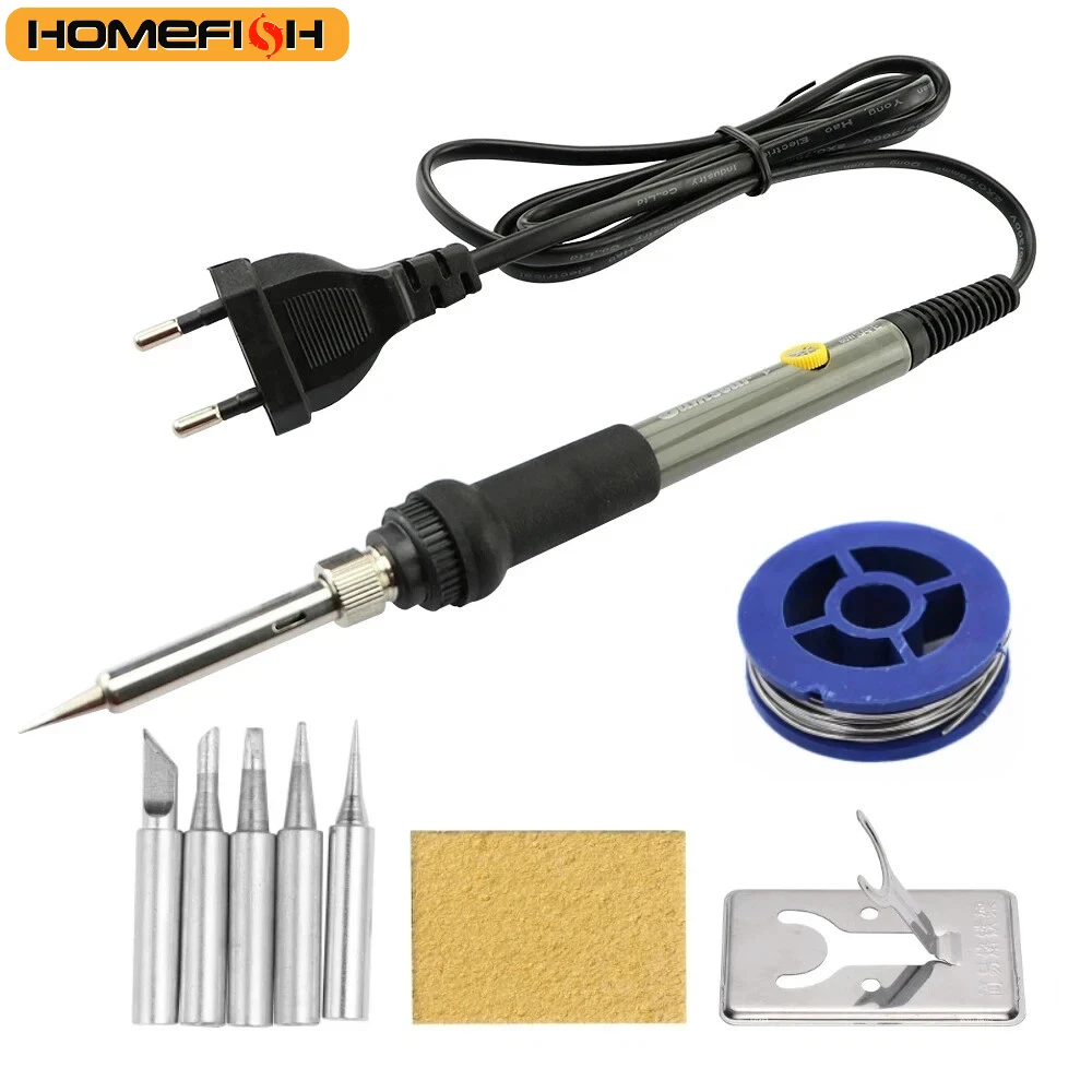 Saldatore Elettrico 60W con Temperatura Regolabile, 220V EU / 110V US, Stazione di Rilavorazione, Penna Termica con Punte per Riparazioni Fai-da-Te